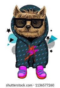 Yorkshire terrier illustration. fancy puppy pet with pixel glasses, hoodie and grunge pattern, cracked lightning print on clothes, sport shoes snickers. Geometric elements on back side. funny baby dog