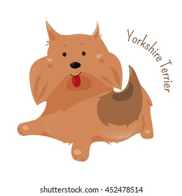 Yorkshire terrier isolated on white. It has a grey, black, and tan coat, and the breed's nickname is Yorkie. Domesticated canid. Part of series of cartoon puppy species. Child fun pattern icon. Vector