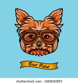 Yorkshire terrier Pilot. Aviators glasses. Best Pilot inscription. Vector illustration.