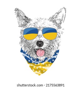 Yorkshire Terrier portrait, Cute cool dog in Ukraine flag glasses and bandana, Vector illustration.