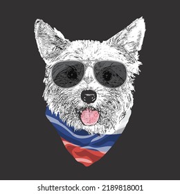 Yorkshire Terrier portrait, Cute cool dog in glasses and Russia flag bandana, Vector illustration.