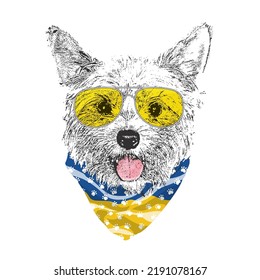 Yorkshire Terrier portrait, Cute cool dog in glasses and Ukraine flag bandana, Vector illustration.