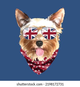 Yorkshire Terrier portrait, Cute cool dog in UK flag glasses and bandana, Vector illustration.