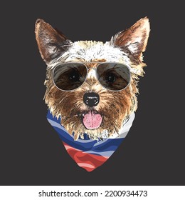 Yorkshire Terrier portrait, Cute cool dog in glasses and Russia flag bandana, Vector illustration.