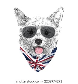 Yorkshire Terrier portrait, Cute cool dog in glasses and UK flag bandana, Vector illustration.