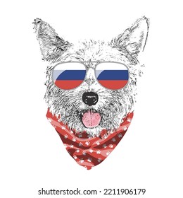 Yorkshire Terrier portrait, Cute cool dog in Russia flag glasses and bandana, Vector illustration.