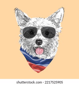 Yorkshire Terrier portrait, Cute cool dog in glasses and Russia flag bandana, Vector illustration.