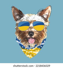 Yorkshire Terrier portrait, Cute cool dog in Ukraine flag glasses and bandana, Vector illustration.