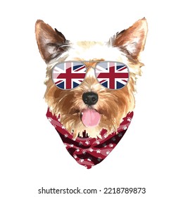 Yorkshire Terrier portrait, Cute cool dog in UK flag glasses and bandana, Vector illustration.