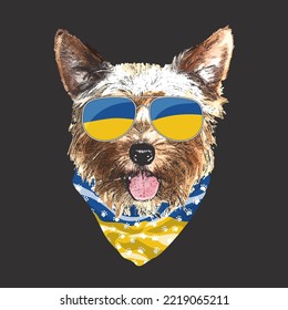 Yorkshire Terrier portrait, Cute cool dog in Ukraine flag glasses and bandana, Vector illustration.