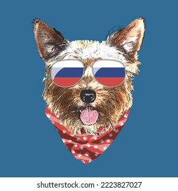 Yorkshire Terrier portrait, Cute cool dog in Russia flag glasses and bandana, Vector illustration.