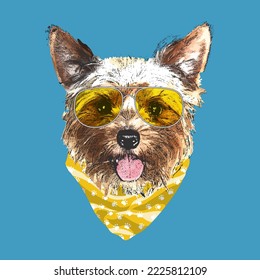 Yorkshire Terrier portrait, Cute cool dog in glasses and bandana, Vector illustration.