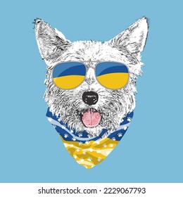 Yorkshire Terrier portrait, Cute cool dog in Ukraine flag glasses and bandana, Vector illustration.