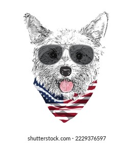 Yorkshire Terrier portrait, Cute cool dog in glasses and USA flag bandana, Vector illustration.