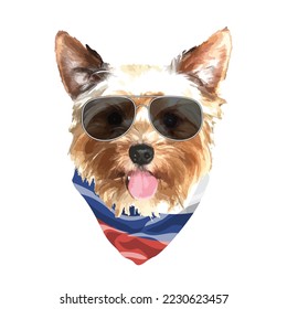 Yorkshire Terrier portrait, Cute cool dog in glasses and Russia flag bandana, Vector illustration.