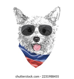 Yorkshire Terrier portrait, Cute cool dog in glasses and Russia flag bandana, Vector illustration.