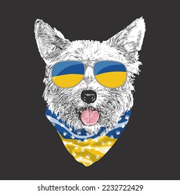 Yorkshire Terrier portrait, Cute cool dog in Ukraine flag glasses and bandana, Vector illustration.