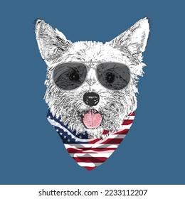 Yorkshire Terrier portrait, Cute cool dog in glasses and USA flag bandana, Vector illustration.