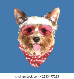 Yorkshire Terrier portrait, Cute cool dog in glasses and bandana, Vector illustration.