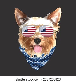 Yorkshire Terrier portrait, Cute cool dog in USA flag glasses and bandana, Vector illustration.