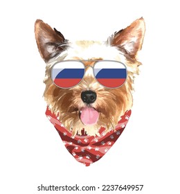 Yorkshire Terrier portrait, Cute cool dog in Russia flag glasses and bandana, Vector illustration.