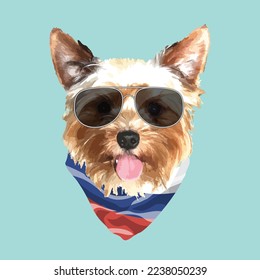 Yorkshire Terrier portrait, Cute cool dog in glasses and Russia flag bandana, Vector illustration.