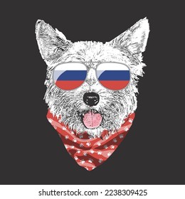 Yorkshire Terrier portrait, Cute cool dog in Russia flag glasses and bandana, Vector illustration.