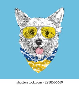 Yorkshire Terrier portrait, Cute cool dog in glasses and Ukraine flag bandana, Vector illustration.