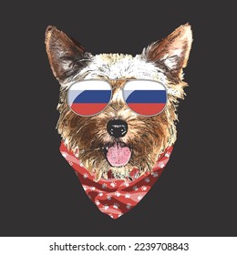 Yorkshire Terrier portrait, Cute cool dog in Russia flag glasses and bandana, Vector illustration.