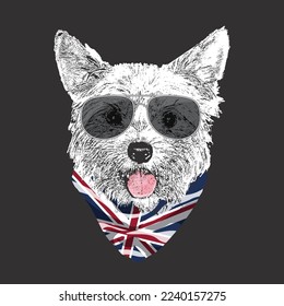 Yorkshire Terrier portrait, Cute cool dog in glasses and UK flag bandana, Vector illustration.