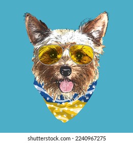 Yorkshire Terrier portrait, Cute cool dog in glasses and Ukraine flag bandana, Vector illustration.