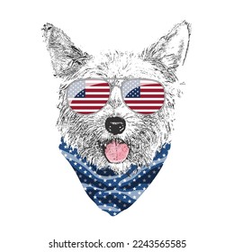 Yorkshire Terrier portrait, Cute cool dog in USA flag glasses and bandana, Vector illustration.