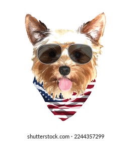 Yorkshire Terrier portrait, Cute cool dog in glasses and USA flag bandana, Vector illustration.