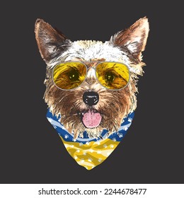 Yorkshire Terrier portrait, Cute cool dog in glasses and Ukraine flag bandana, Vector illustration.