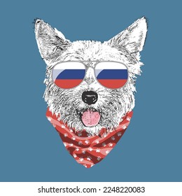 Yorkshire Terrier portrait, Cute cool dog in Russia flag glasses and bandana, Vector illustration.