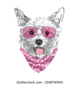 Yorkshire Terrier portrait, Cute cool dog in glasses and bandana, Vector illustration.