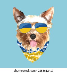 Yorkshire Terrier portrait, Cute cool dog in Ukraine flag glasses and bandana, Vector illustration.