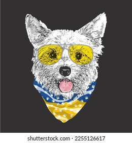 Yorkshire Terrier portrait, Cute cool dog in glasses and Ukraine flag bandana, Vector illustration.