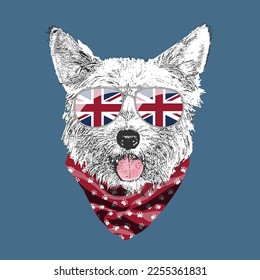 Yorkshire Terrier portrait, Cute cool dog in UK flag glasses and bandana, Vector illustration.