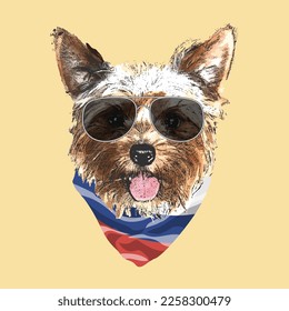 Yorkshire Terrier portrait, Cute cool dog in glasses and Russia flag bandana, Vector illustration.