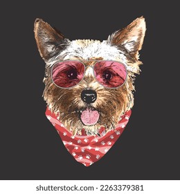 Yorkshire Terrier portrait, Cute cool dog in glasses and bandana, Vector illustration.