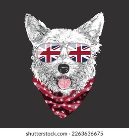 Yorkshire Terrier portrait, Cute cool dog in UK flag glasses and bandana, Vector illustration.