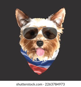 Yorkshire Terrier portrait, Cute cool dog in glasses and Russia flag bandana, Vector illustration.