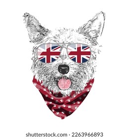 Yorkshire Terrier portrait, Cute cool dog in UK flag glasses and bandana, Vector illustration.