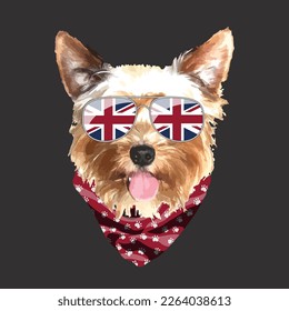 Yorkshire Terrier portrait, Cute cool dog in UK flag glasses and bandana, Vector illustration.