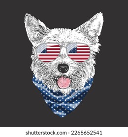 Yorkshire Terrier portrait, Cute cool dog in USA flag glasses and bandana, Vector illustration.