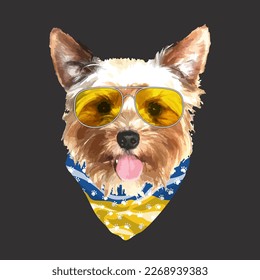 Yorkshire Terrier portrait, Cute cool dog in glasses and Ukraine flag bandana, Vector illustration.