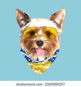 Yorkshire Terrier portrait, Cute cool dog in glasses and Ukraine flag bandana, Vector illustration.