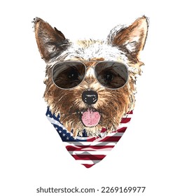 Yorkshire Terrier portrait, Cute cool dog in glasses and USA flag bandana, Vector illustration.