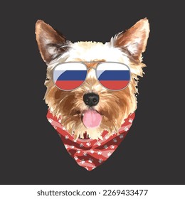 Yorkshire Terrier portrait, Cute cool dog in Russia flag glasses and bandana, Vector illustration.